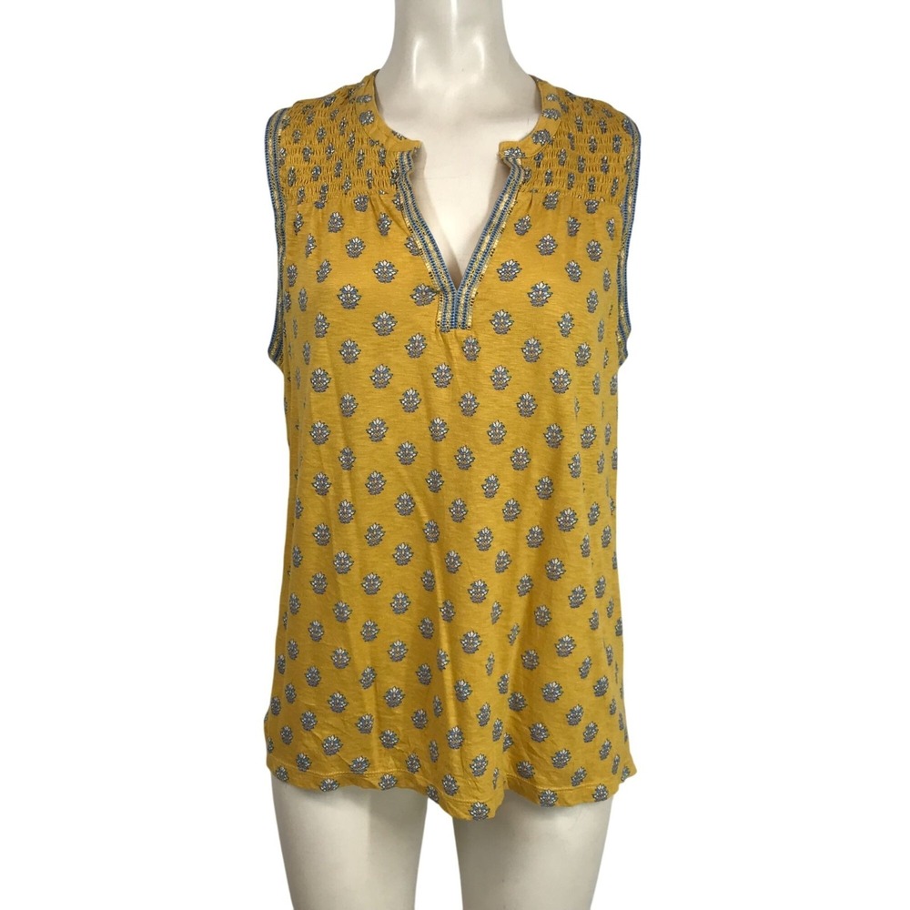 Lucky Brand Yellow Printed Sleeveless Split-Neck Top